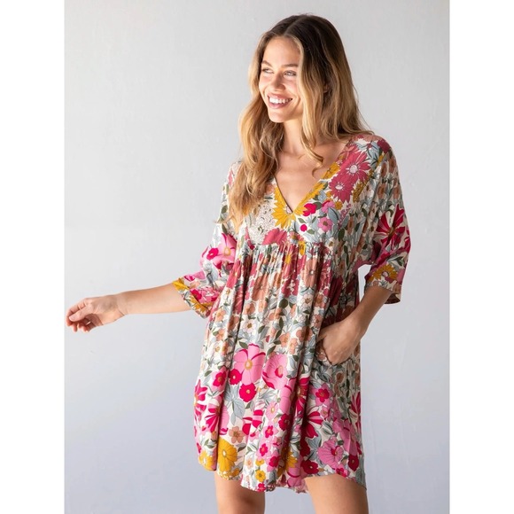 Natural Life Stella Floral Babydoll Mini Dress XS S Boho Cottagecore Pockets - Picture 3 of 13